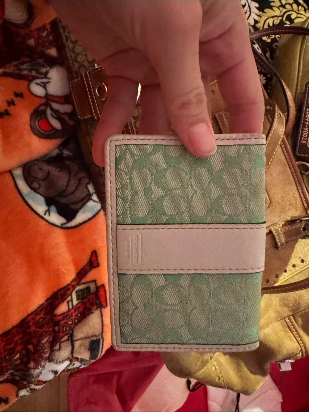 Coach Mint Green Signature Card Case with Pale Leather Trim